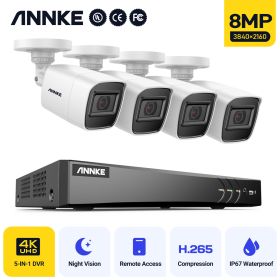 ANNKE 8CH 5MP-N Super HD Video Security System H.264+ DVR With 4X 8X 5MP Bullet Outdoor Waterproof CCTV Camera Kit AI Detection (Color: With 4PCS Cameras, Build-in HDD: nan)