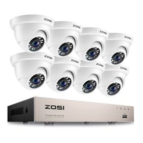 ZOSI 8CH 1080P Wired Security Camera System H.265+ 8CH 5MP Lite HD CCTV DVR Recorder 2MP Indoor/Outdoor Dome Surveillance Camera (Color: White Cameras, Build-in HDD: nan)