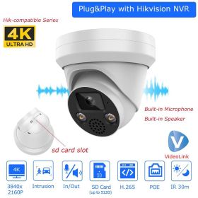 Hikvision Compatible 5MP 8MP IR IP Camera Built-in Mic Speaker SD Card slot Human Vehicle Detection Security Surceillance Camera (Sensor Size: 8MP, Focus: 2.8mm)