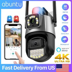 8MP 4K Security Camera Wifi Outdoor Dual Lens Dual Screens CCTV Surveillance Camera Home Night Vision Police Light Alarm ICSEE (Sensor Size: 8MP NO SD Card, Plug Type: US PLUG)