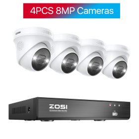 ZOSI 4K 8MP 5MP POE Video Surveillance Kit 8CH H.265 Home CCTV NVR Set Color Night Vision AI Detection IP Security Camera System (Color: 4PCS 8MP Cameras, Build-in HDD: 2T)